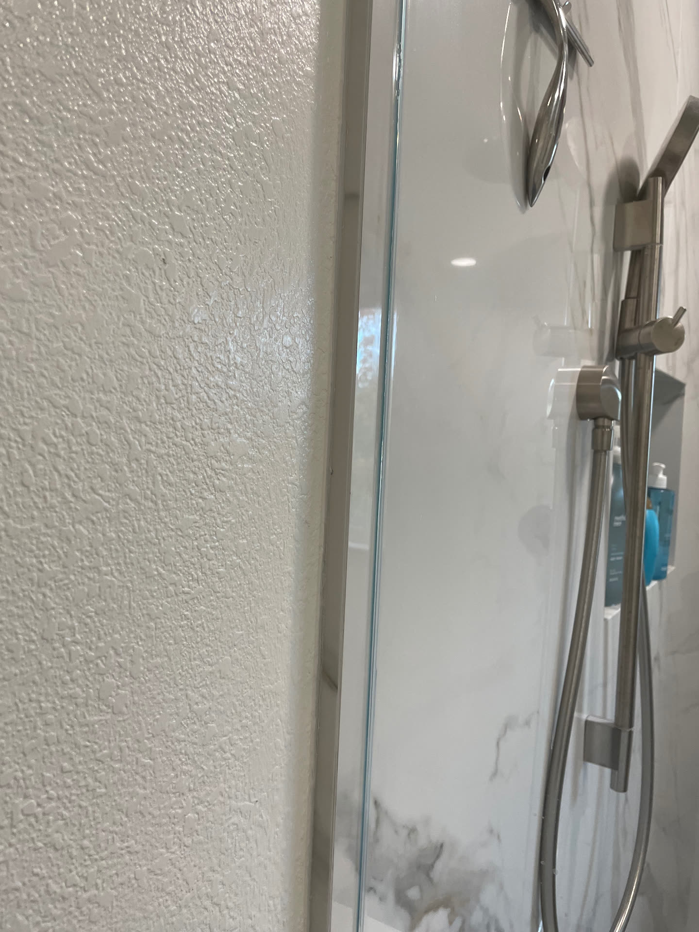 Brushed nickel hand shower on slide bar and glass enclosure edge
